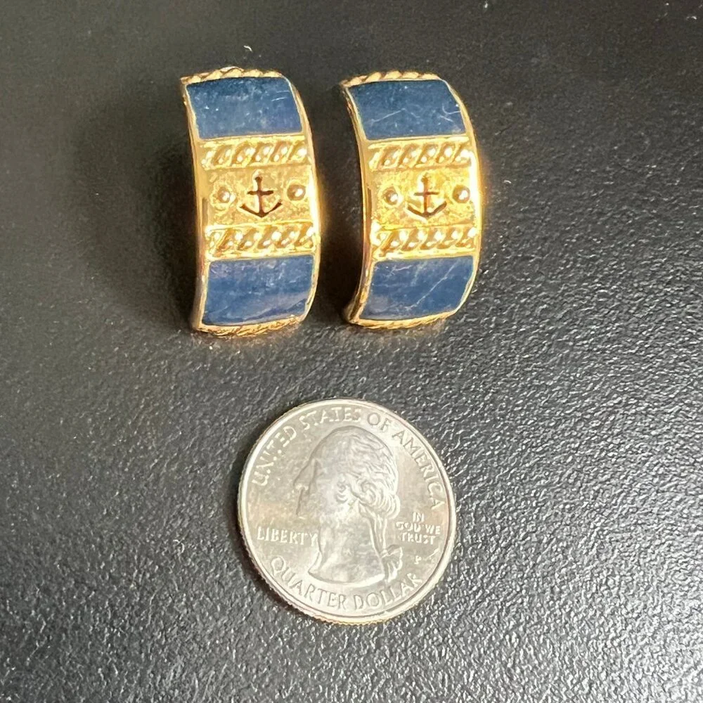 Vintage Nautical Pierced Earrings Anchor Blue Enamel Gold Tone‎ Half Hoops